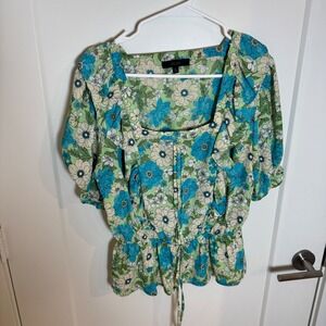 ECLAIR Womens Floral Square Neck Peplum Blouse‎ Top Size L Green Blue White